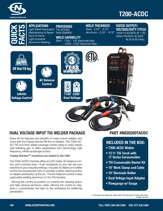 ULTIMATE TIG PACKAGE Coplay-Norstar ACDC Dual Voltage Input TIG Welder Package